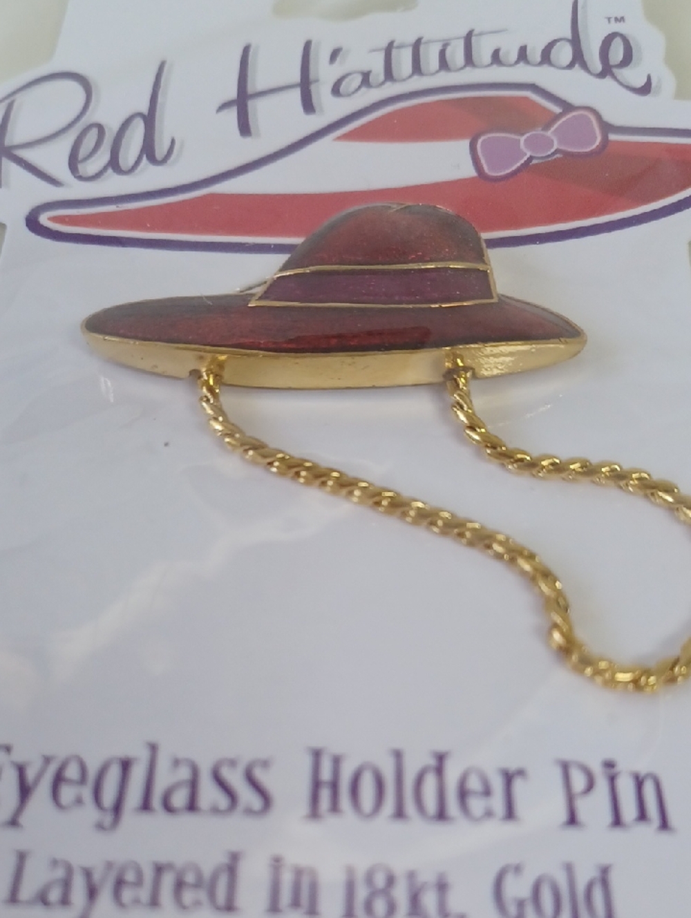 New Layered In 18K gold Red H'attitude Red Enamel Hat Eyeglass Holder Pin - Picture 5 of 9